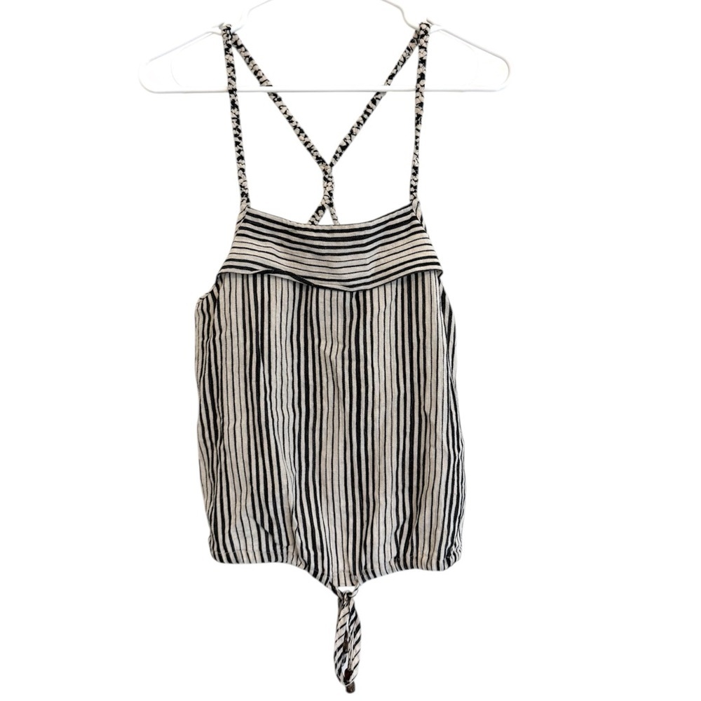 2/$30 ANAMÁ Black & Cream Striped Cotton Strappy Front Tie Tank Top | Small